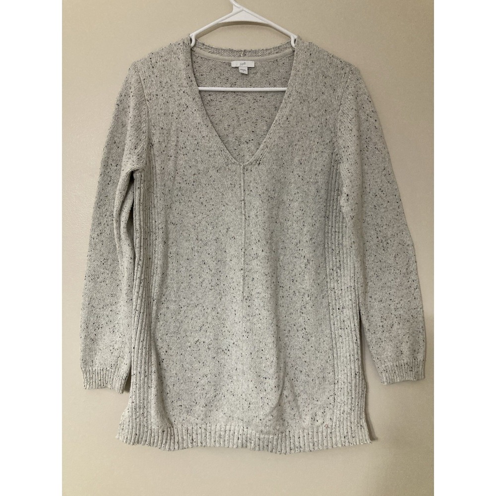 J Jill  Tunic Sweater Size Small Grey Marled Knit Pullover V Neck Long Sleeves
